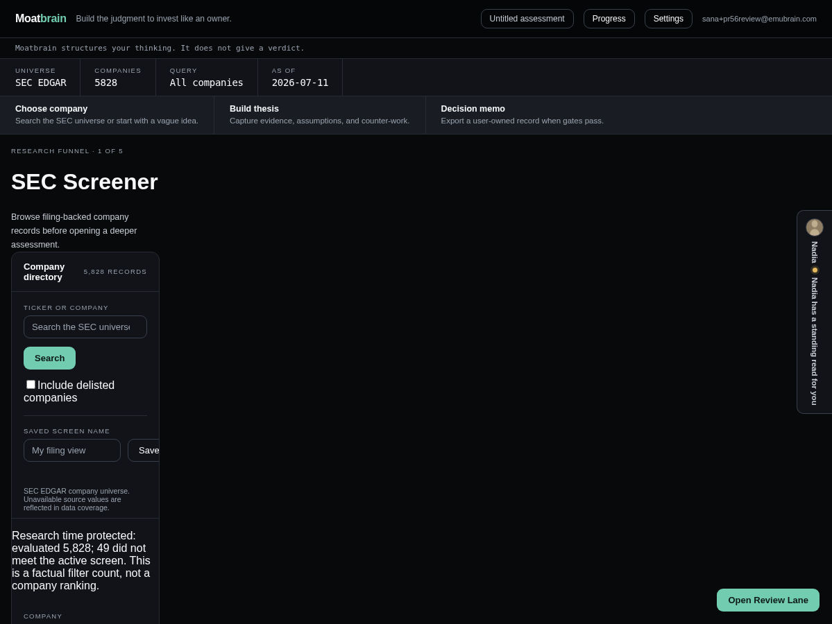 Screener at 1199px with the Review Lane collapsed: all content squeezed into a narrow left column with a large empty area to its right and the reopen handle rotated sideways at the right edge.