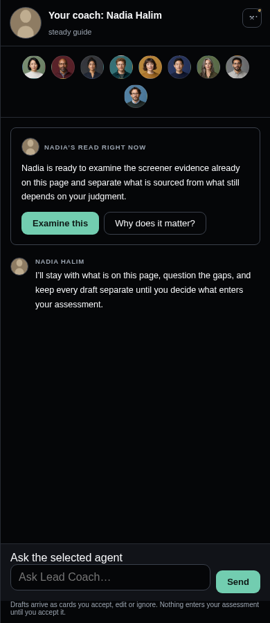 Screener at 390px on load: the coach panel fills the entire screen, with no screener content visible.